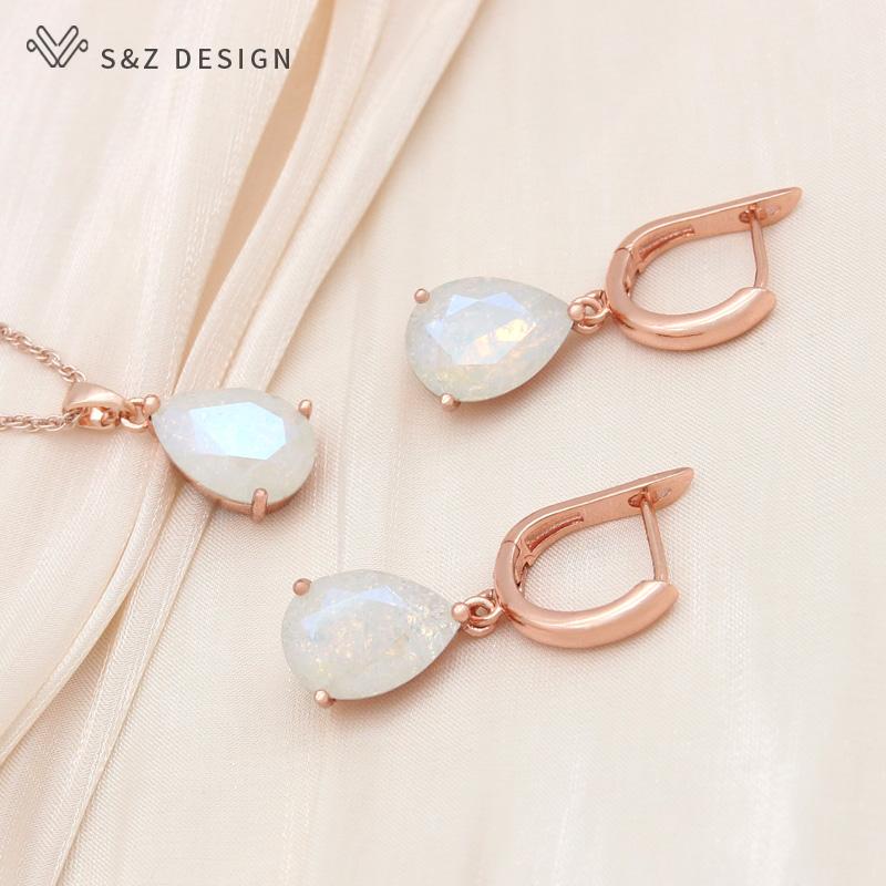 Moda kropla wody kryształowe zestawy biżuterii kolczyki w kolorze różowego złota dla kobiet modny wisiorek naszyjnik prezent