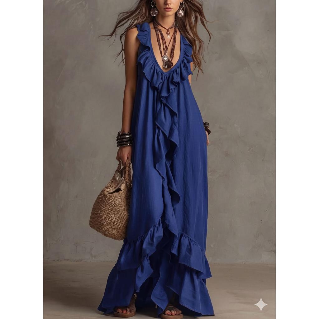 Sexy Deep V Neck Ruffle Loose Long Dresses Woman Spring Casual Solid Party Maxi Dress Summer Sleeveless Vacation Beach Dress
