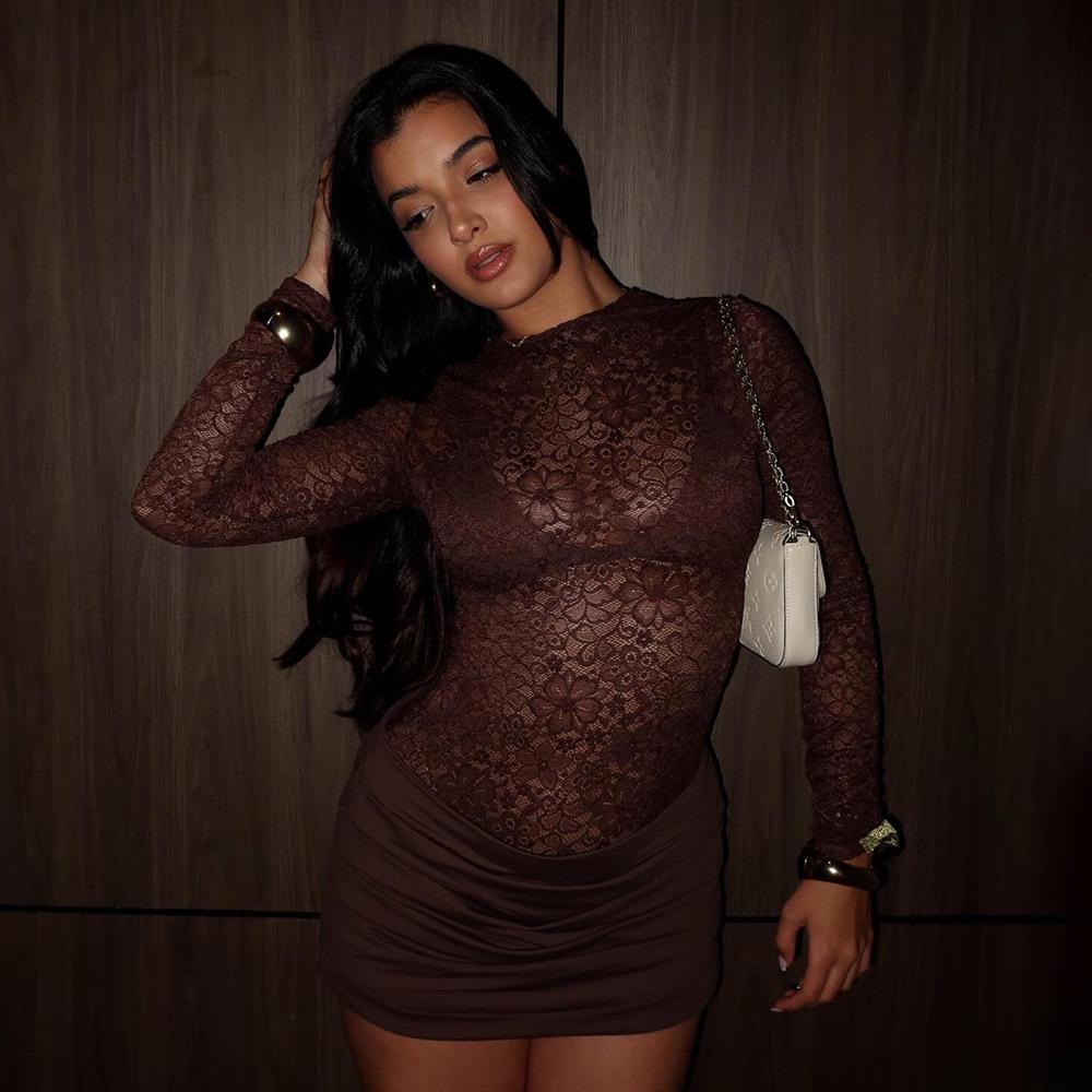 Vestido Ajustado Sexy con Volantes Transparente de Encaje Primavera 2026 - Moda Femenina Estilo Europeo y Americano