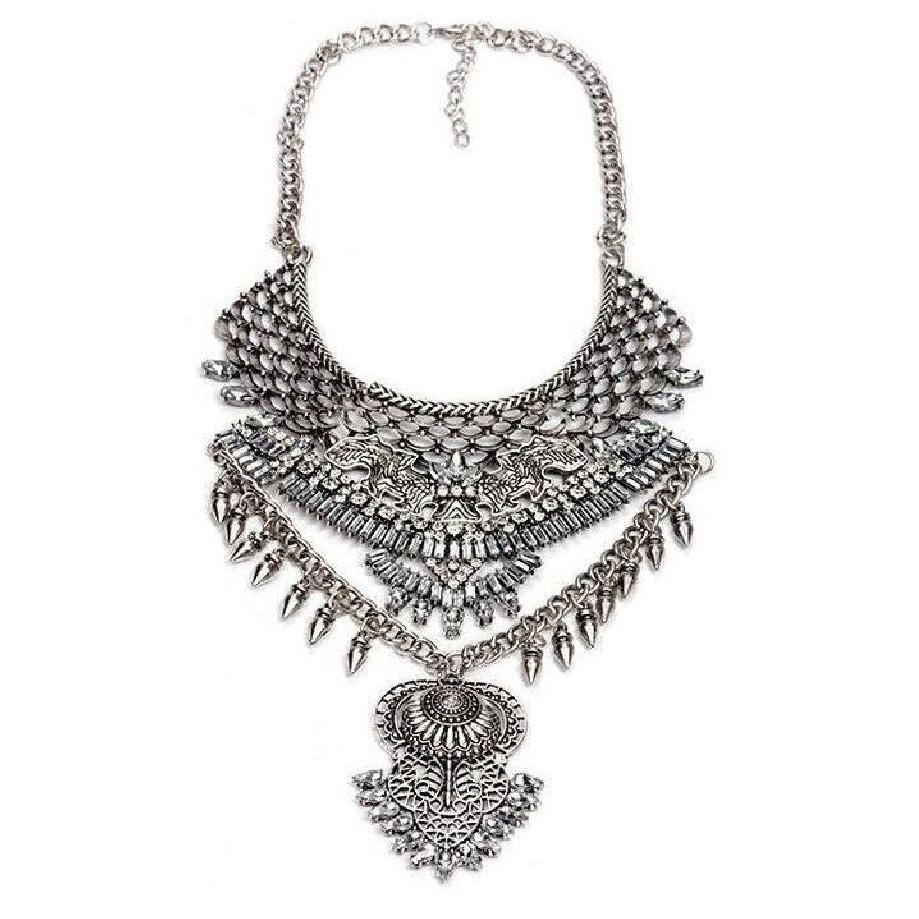Vintage Silver Alloy Rivet Rhinestone Tassel Choker, Punk Luxury Style Collarbone Necklace