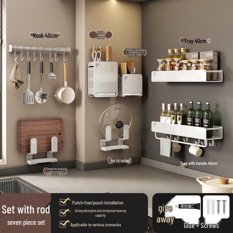 No-Drill Wall-Mounted Kitchen Storage Rack: Multifunctional Holder for Knives, Chopsticks, Pot Lids, and Seasoning Condiments