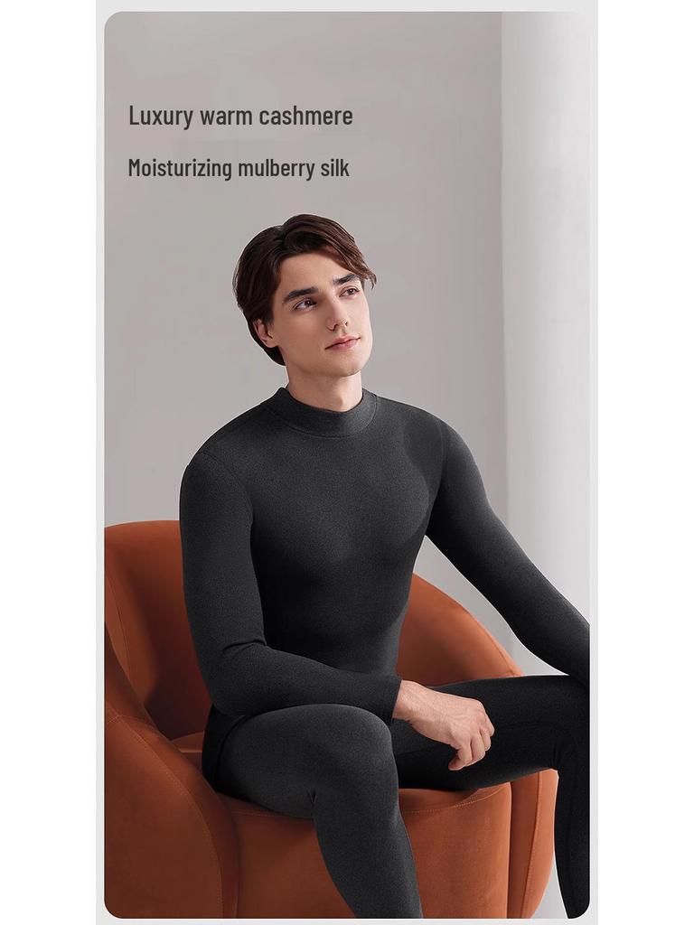 Men's Cashmere Fleece-Lined Thermal Underwear Set - Half High Neck, Warm Autumn Clothes & Pants