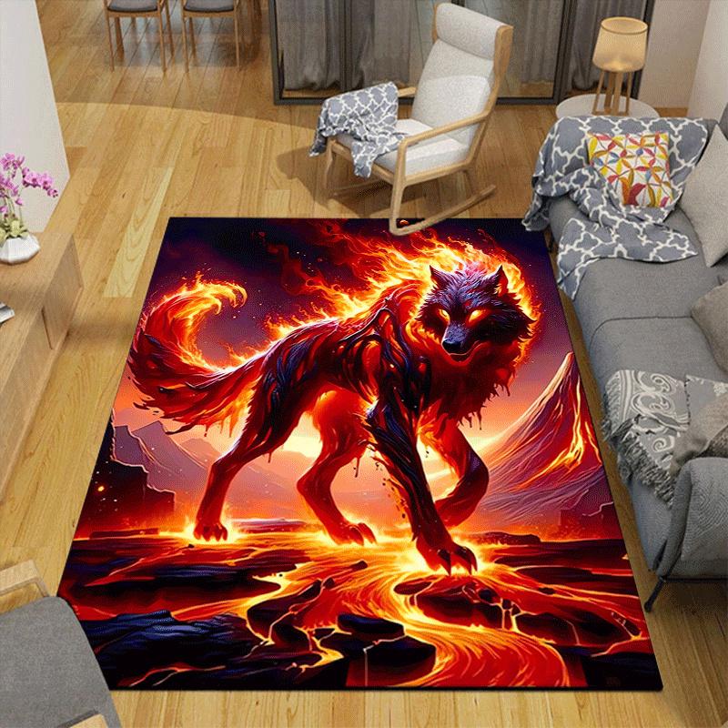 1pc Burning Wolf Print, Design Indoor Area Rug - Soft, Anti-Slip, and Durable Gaming Room Decor for Bedroom