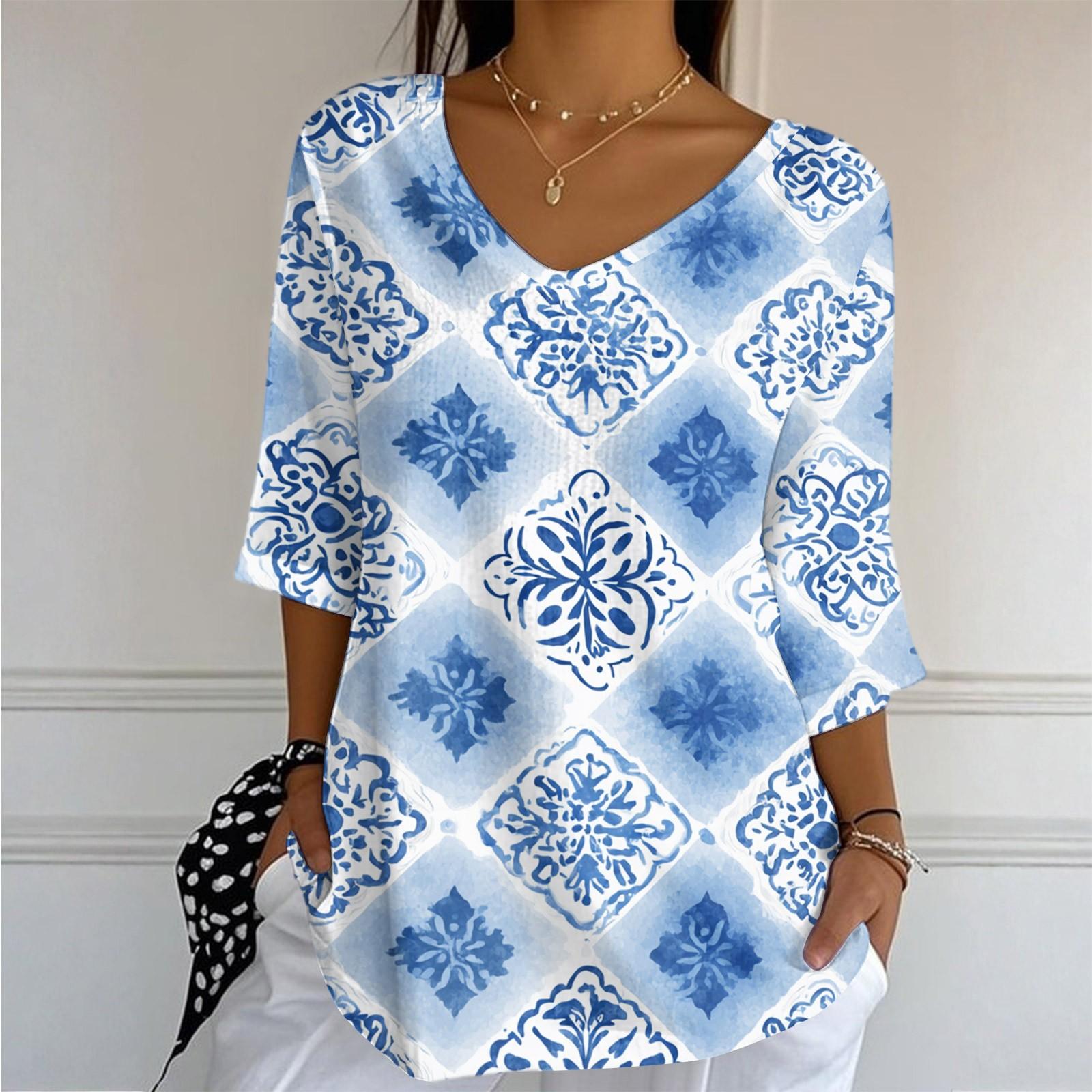 

Женский повседневный и модный топ с V-образным вырезом, цветочным принтом и рукавами три четверти XXL