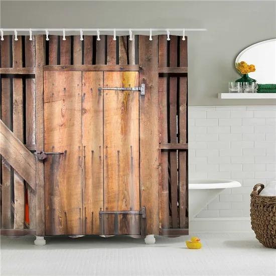 Vintage Style Wooden Door Bathroom Shower Curtains Frabic Waterproof Polyester Bath Curtain With Hooks