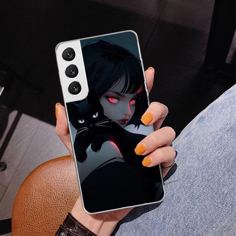 Anime Girls Cute Black Cat Phone Case For Samsung Galaxy S24 S25 Edge S26 Ultra S23 S22 S21 Plus S20 FE + Personalized Print Cov