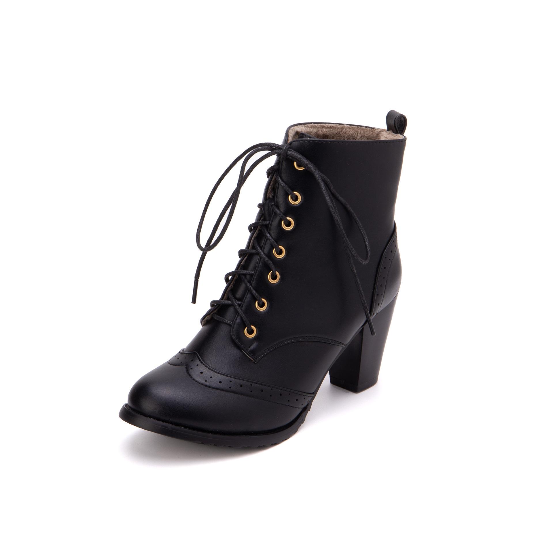 

Круглый носок, толстый каблук, ажурные британские ретро-ботфорты с выжженным цветком 45 чёрный