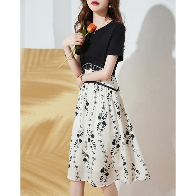 Contrasting Color Slimming Summer New Style Simple Black and White Contrasting Color T-shirt Slimming Umbrella Dress Dress