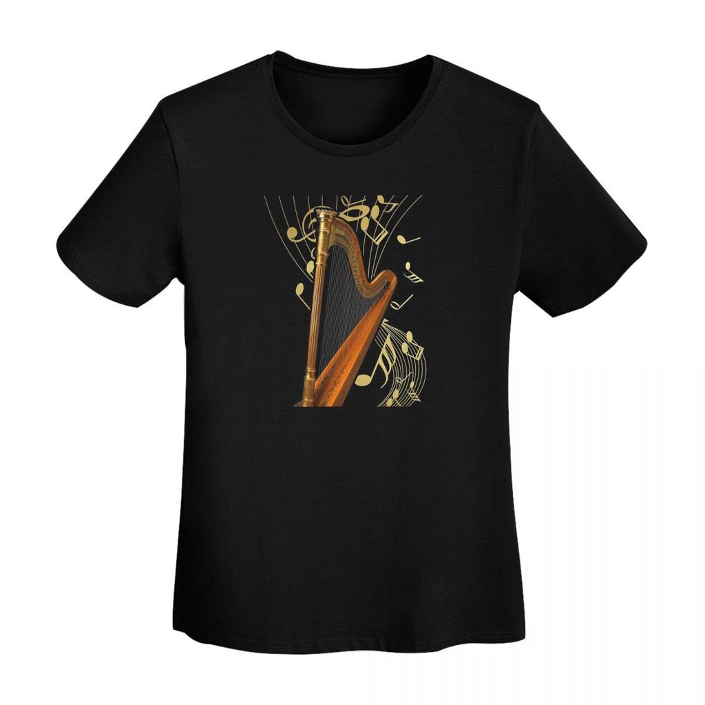 Harp And Music Note Art TShirt Women Short Sleeve T Shirts Crew Neck Clothes Cotton Summer Tees Streetwear