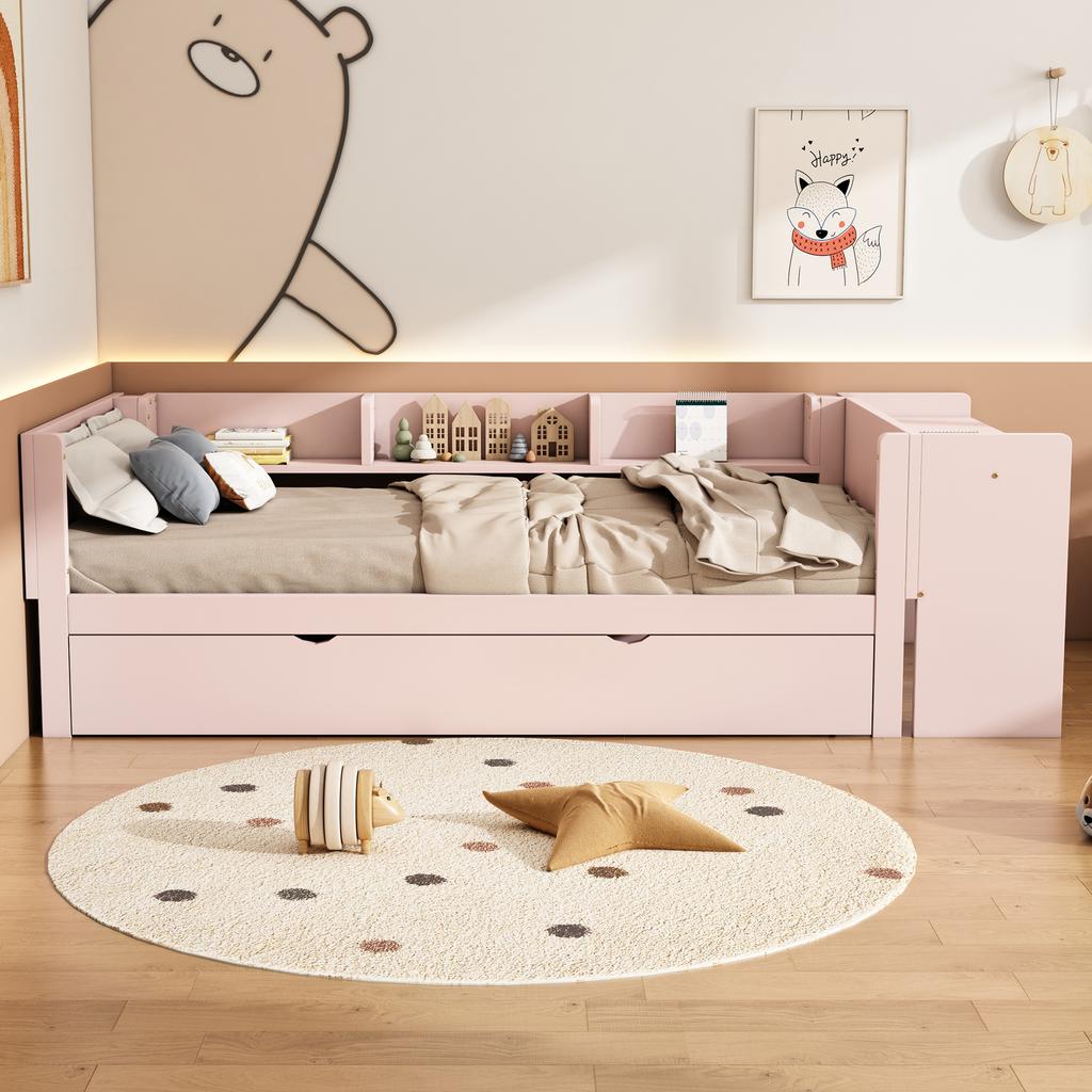 Low Bed 90*200cm, with Pull-out Bed, with Desk, Three Shelves on the Side of the Bed, Pink