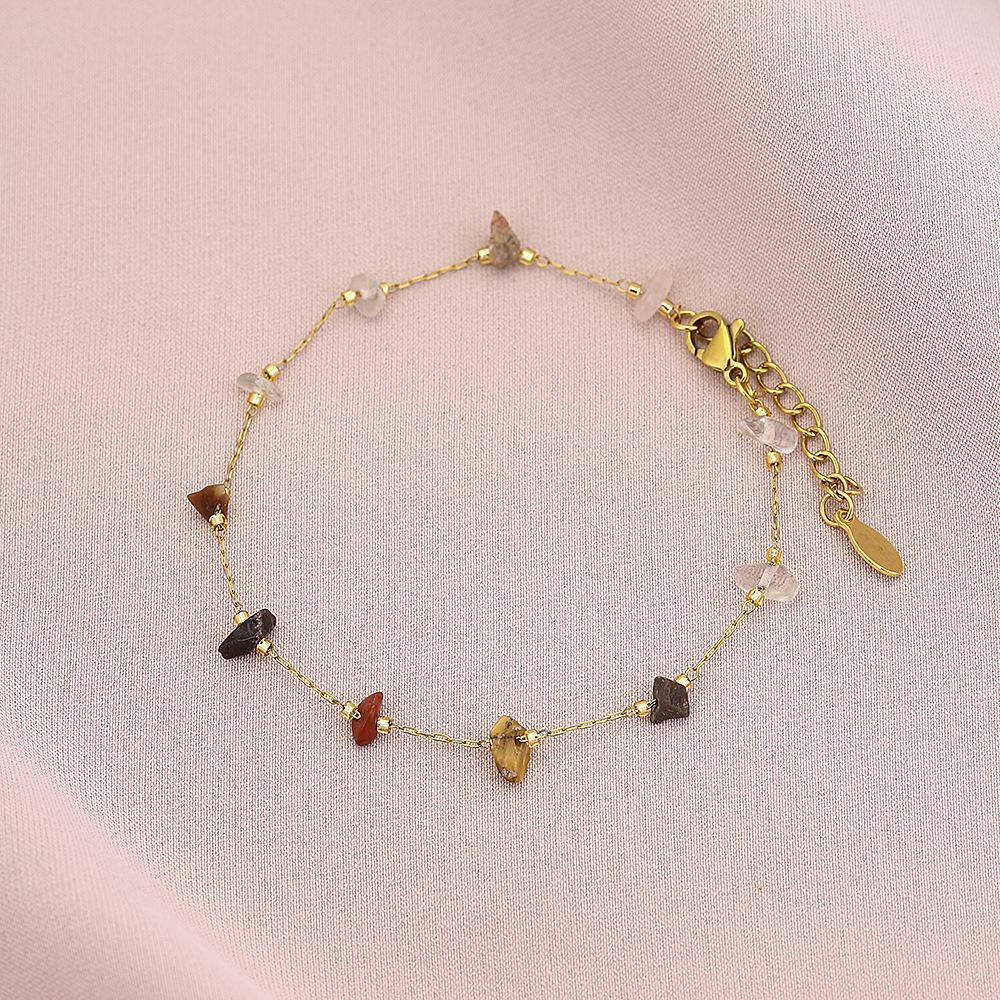 New Arrival Delicate Tarnish Free Titanium Steel Healing Rose Quartz Gravel Charm Thin Bracelet Summer Girl Crystal Jewelry