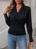 European and American Style Women's Black Long-Sleeve Crossover V-Neck Top with Cuff Buttons