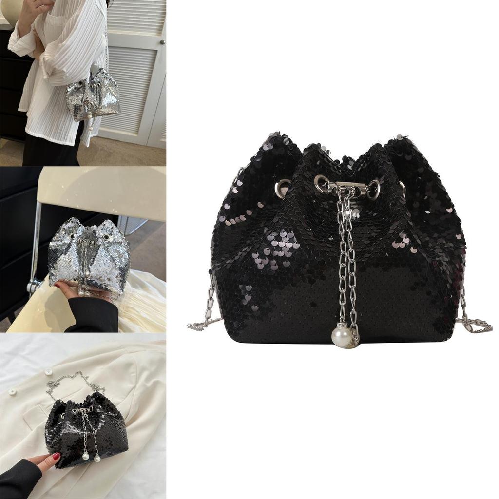Chic Sequin Bucket Bag With Chain Strap 2023 Summer New Women's Street Style Shoulder Bag Crossbody Bag