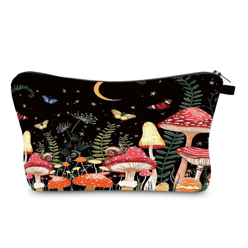 Portable Travel Toiletry Makeup Bag Mushroom Print Cosmetic Bag Large Capacity Casual Storage Bag for Women Girl