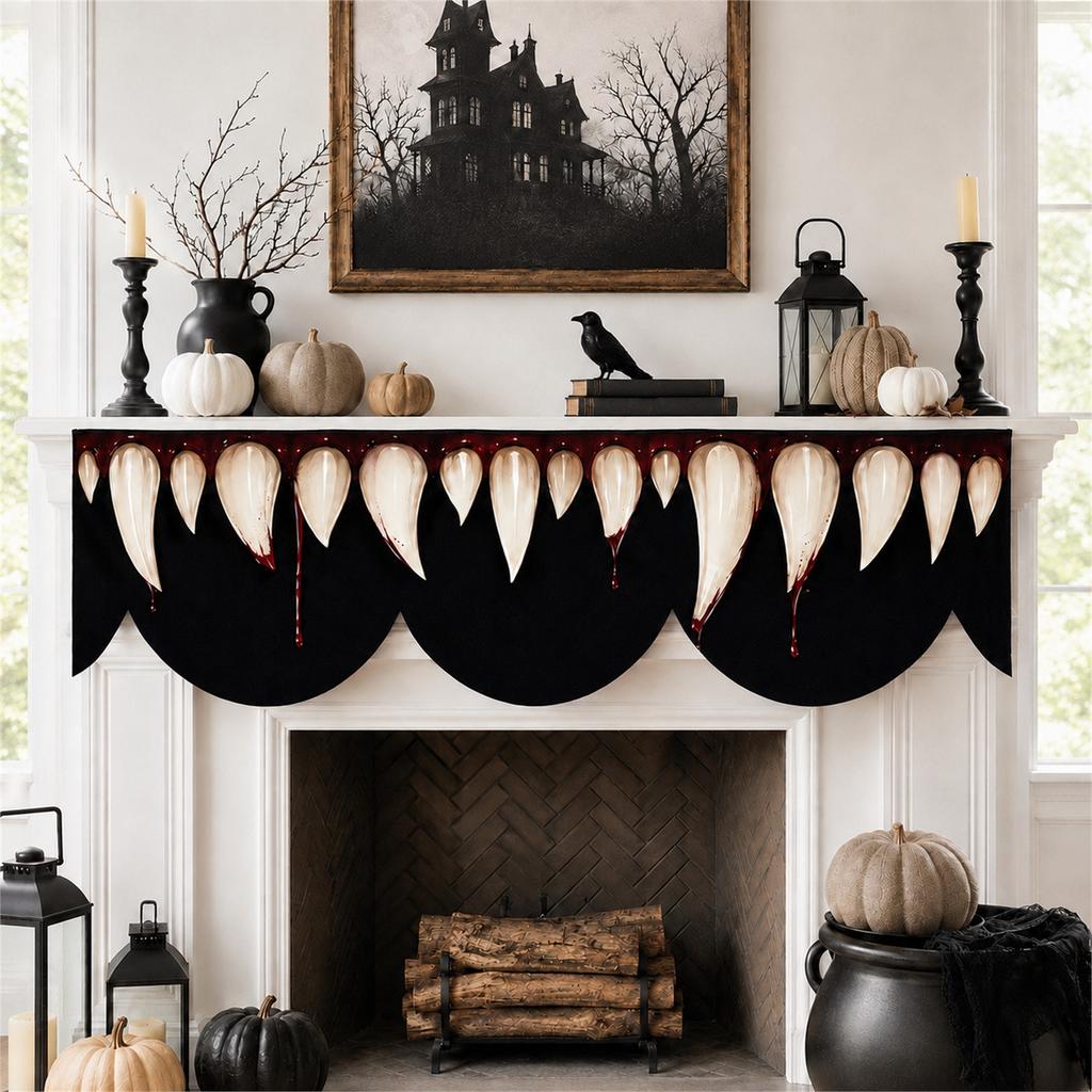 Halloween Fireplace Fan-Shaped Hanging with and Print, Scary Gothic Mantel Decoration for Home