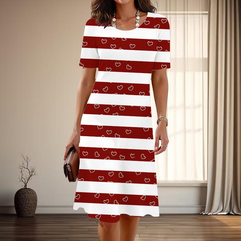 Women's Fashion Graceful Striped Heart Print Summer Spring Short Sleeve O-Neck Casual Dresses