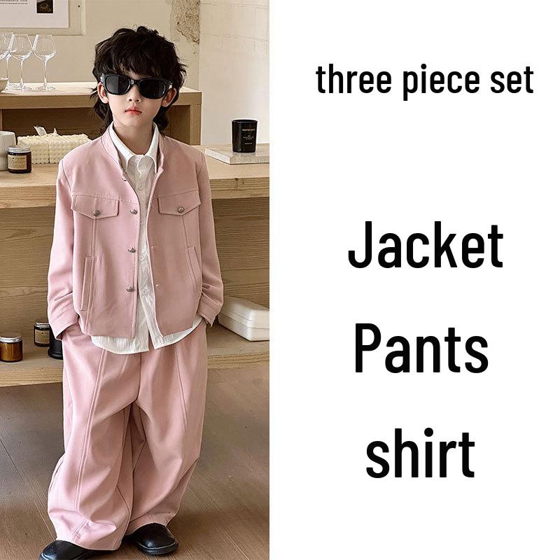 2025 Autumn Pink Casual Boys' Jacket with Stand Collar - Trendy Children's Clothing Set