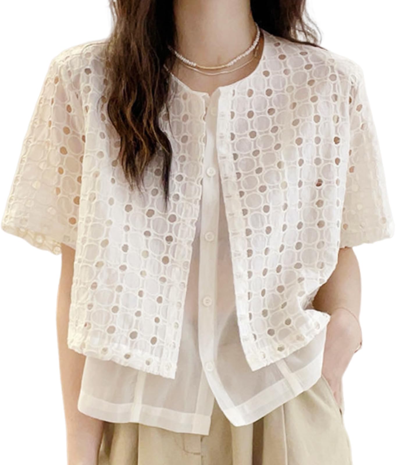 

МАРИЯ МАРФА Многослойная прозрачная блузка в горошек, кружево, узор, рукав, прозрачная, прохладная, не требующая глажки, стильная, XL, белая, 5S-M20-WHXL белый