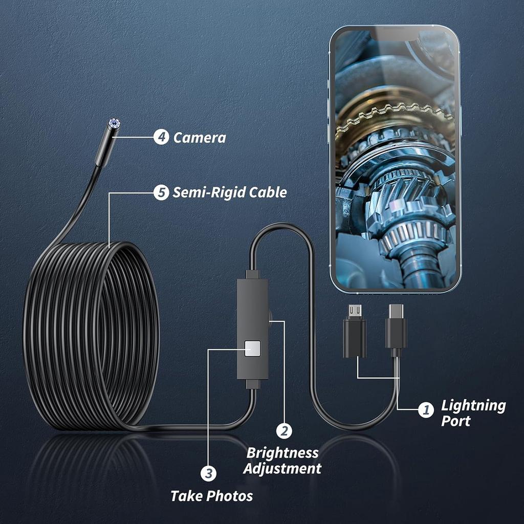 1920P HD Endoscope Camera 164ft Semi Rigid Snake 8 Adjustable LED Lights IP67 Waterproof Borescope for iOS Android