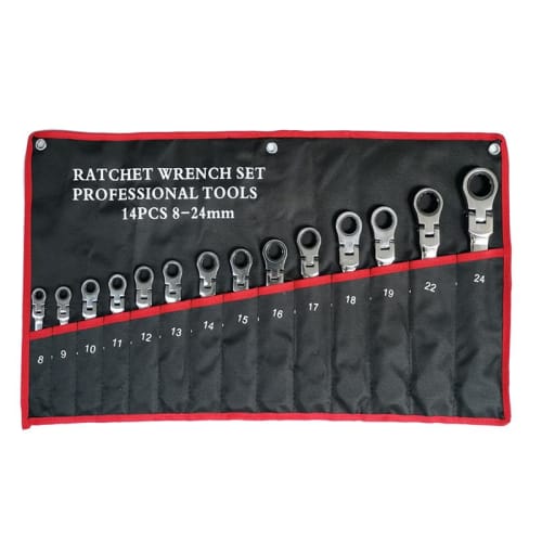14-Piece Swing Ratchet Wrench Set with Case, 8mm-24mm Flex Ratchet Gear Wrench Set, Automotive and Bicycle Repair Tools, Various Sizes, Spanner, Combi