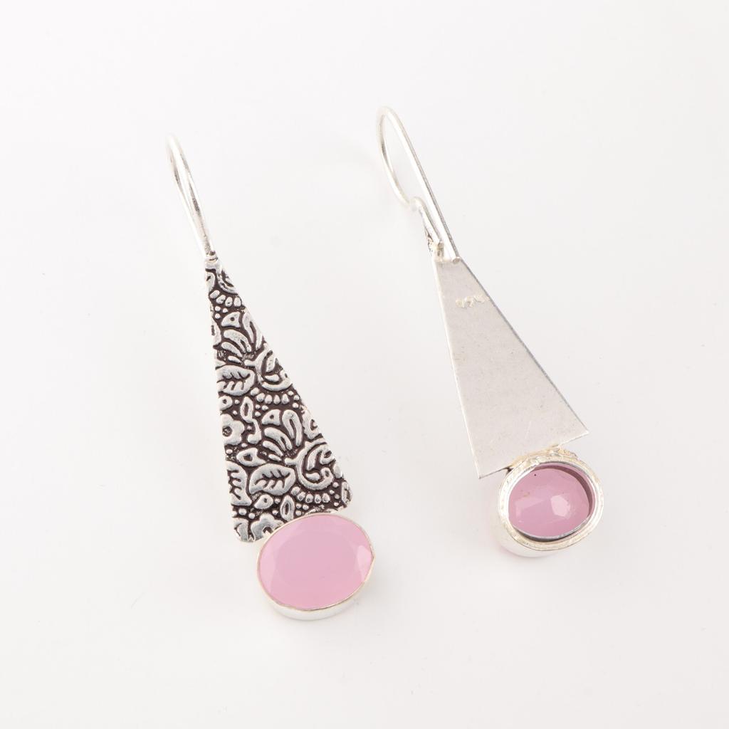 Naturalny Kamień Chalcedon Różowy Srebro Próby 925 Biżuteria Ręcznie Robione Kolczyki 1,9" EE-165-18