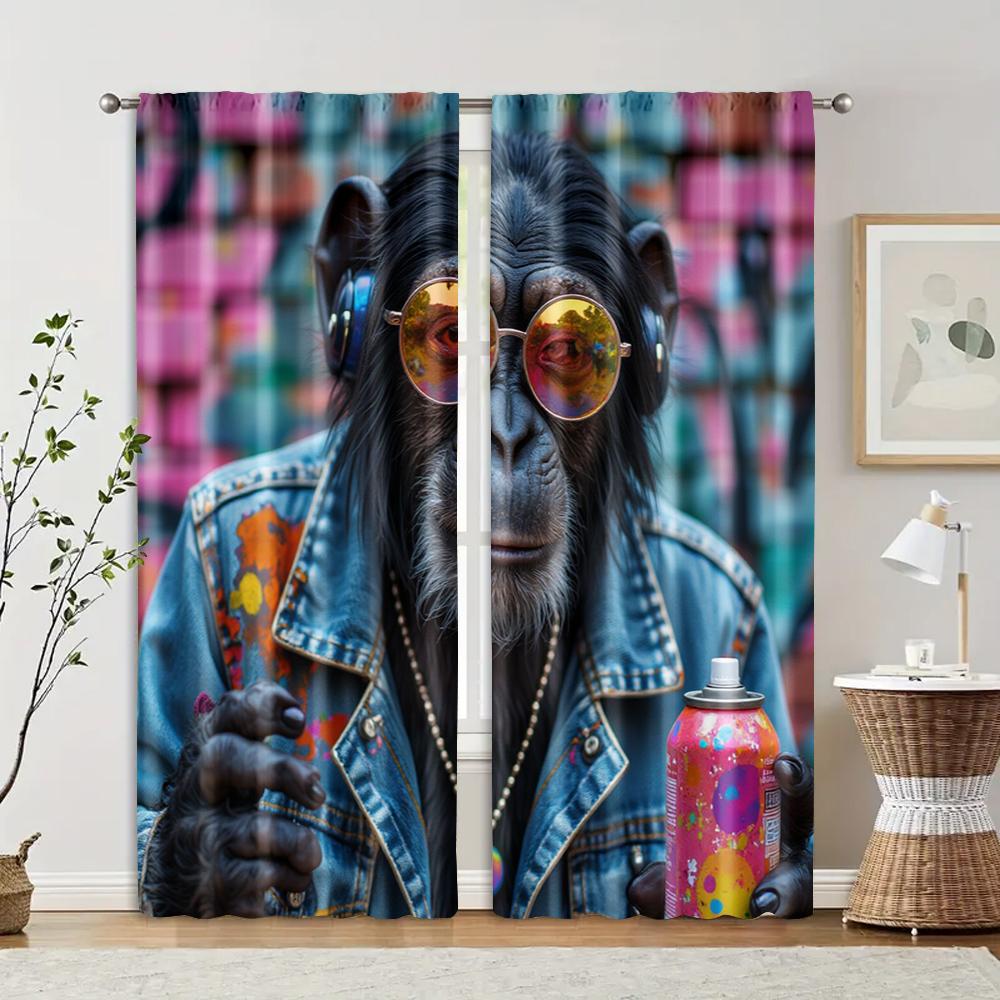 

Filtering Curtains Excluding Rods Non Movable Without Batteries Cool Cartoon Monkey Use Bedrooms Living Set Of 2 Made Polyester Bedroom Decor W100*H70(CM)-Hooks&1PCS