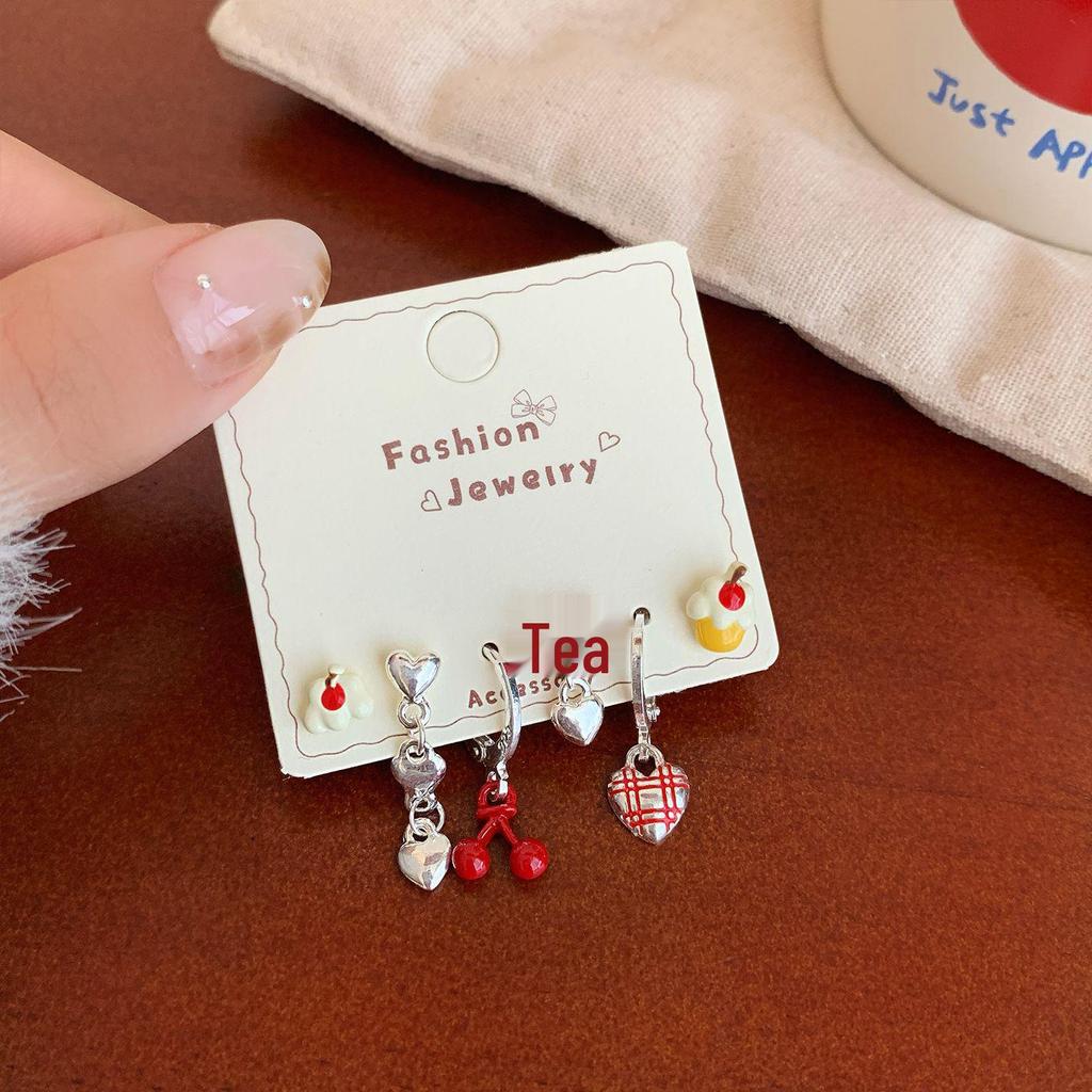Christmas Red Apple & Cherry Stud Earrings - Women's Silver Needle Autumn/Winter Fruit Jewelry Set