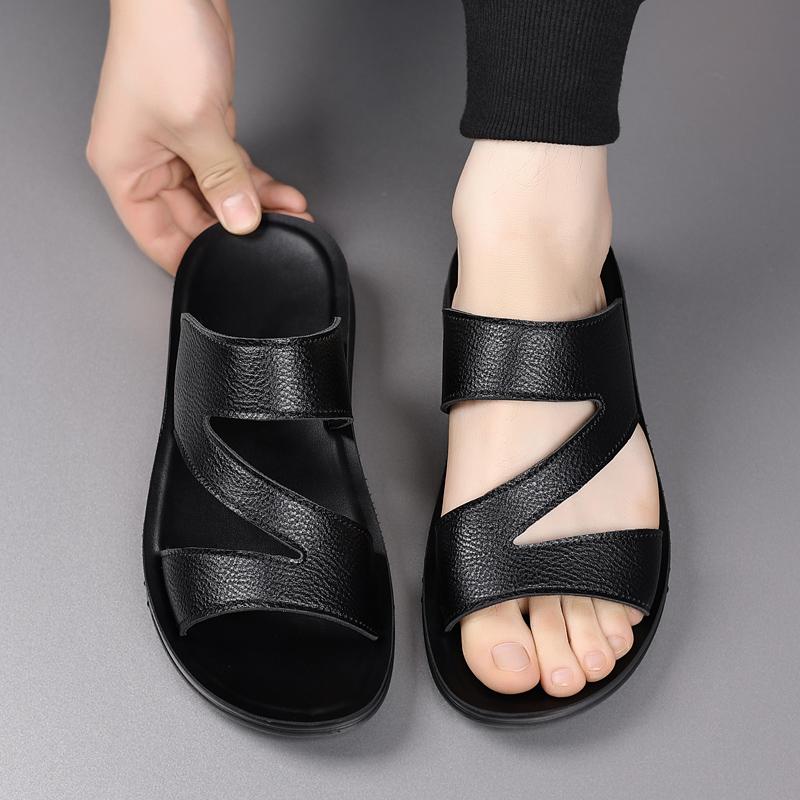 Fashion New Men Casual Leather Slippers Handmade Half Drag Fashion Male Beach Sandals Travel Summer Beach Shoes Outdoor All-match Flats