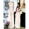 Chic Korean-Style Pink One-Shoulder Top & Jeans Set