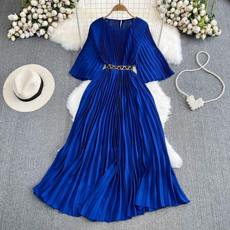 

Accessible Luxury Long Sleeves round Neck A- line Pleated Large Swing Dress Dark Blue One size