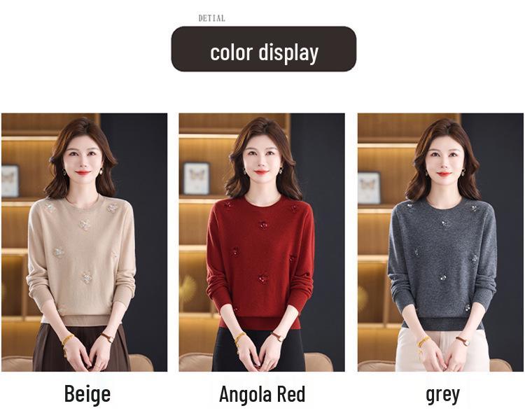 100% Pure Wool Women's Embroidered Round Neck Knitted Sweater - Autumn/Winter Fashion, Loose Fit, Plus Size
