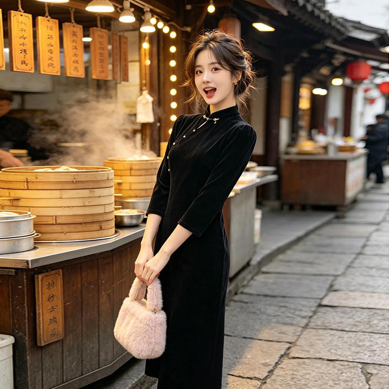 Black velvet national style new Chinese Suzhou long-sleeved cheongsam improved young women's high-end sense small man spring and autumn