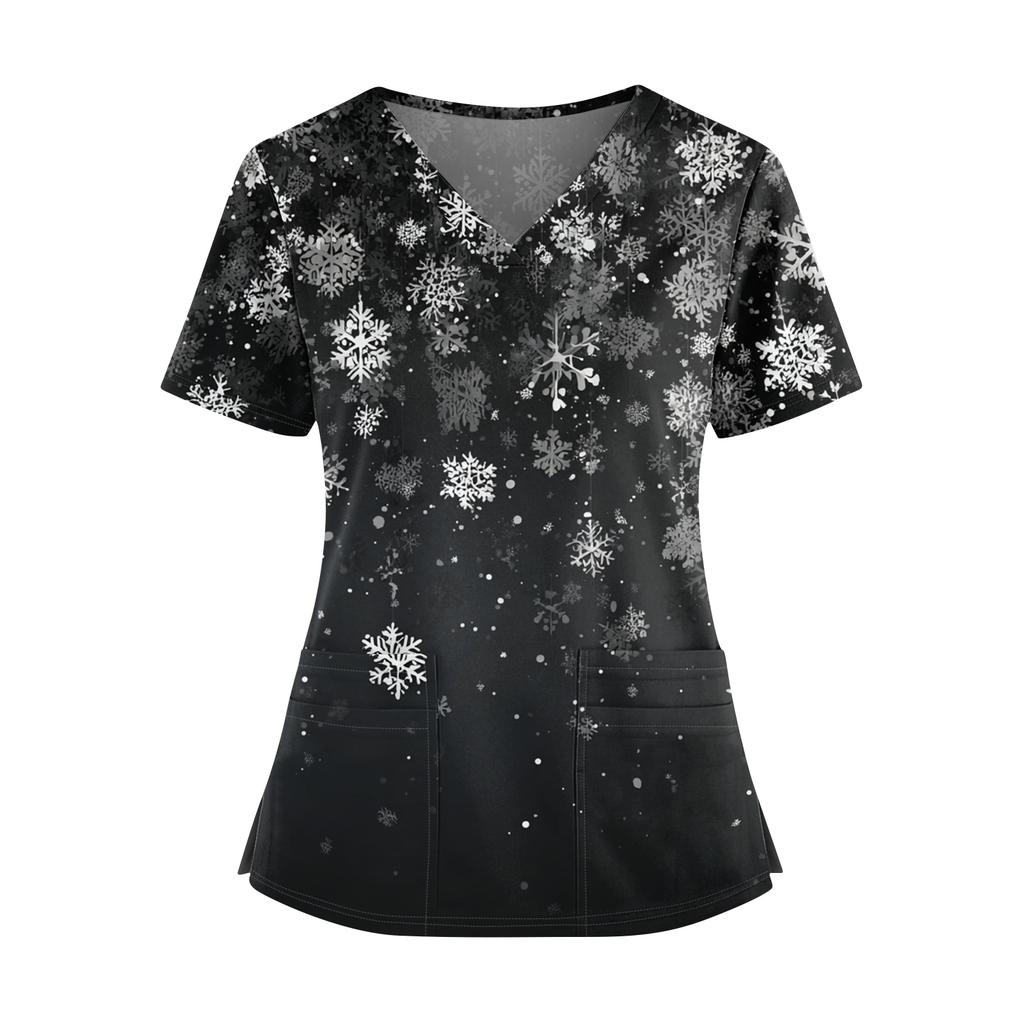 Dámský vánoční potištěný top s výstřihem do V, dvěma kapsami, krátkým rukávem, rozparkem na lemu, uniforma pro pečovatelky