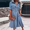European & American Style Women's Solid Color Lapel Slim Fit Denim Swing Dress