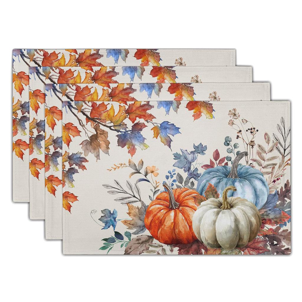 Watercolor Floral Placemats Set of 4 Blue Yellow Poppy Flowers Washable Non-Slip Heat Resistant 12×18 Inch Spring Summer Seasonal Linen Fabric Table M