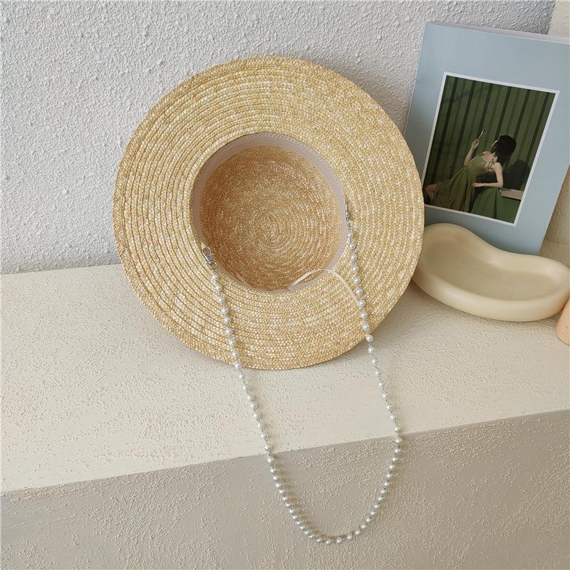 French pearl neck chain flat top straw straw hat sun hat women's summer versatile temperament socialite seaside hat