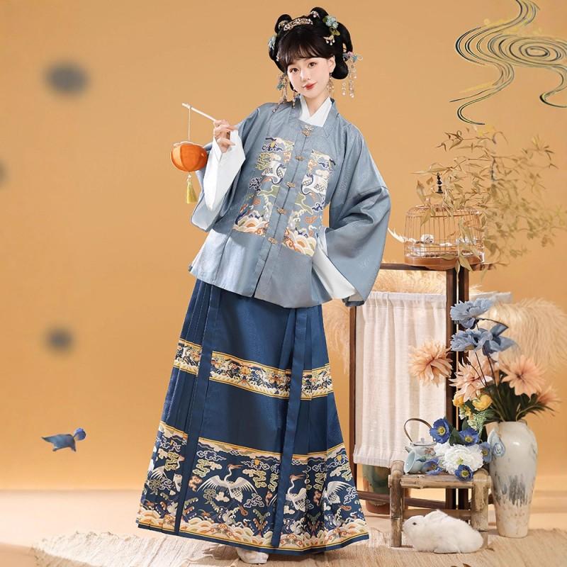 Traditional Chinese Ming Dynasty Style Hanfu Set: Floral Jacquard Square Collar Short Sleeve Jacket Horse Face Skirt Women