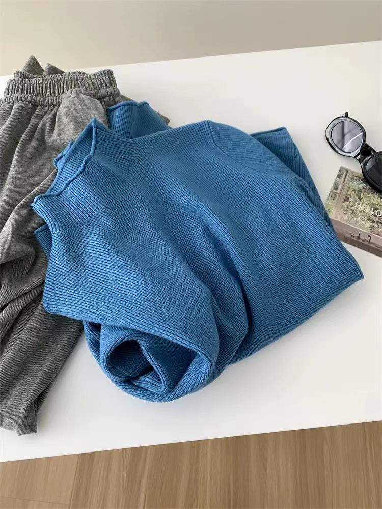 Women's Autumn Winter Warm Ribbed Knit Sweater - Half-High Neck, Rolled Hem, Loose Fit, High-End Feel