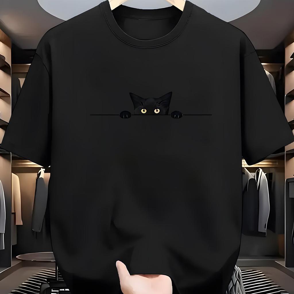 Camiseta de Verano para Hombre 100% Algodón Moderna Casual Holgada con Estampado de Lindo Gato Grande de Cuello Redondo y Manga Corta