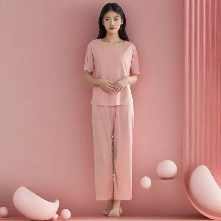 Ice Silk Couple Pajama Set - Seamless, Solid Color, Short Sleeve Sleepwear for Men & Women, Ideal for Spring/Summer