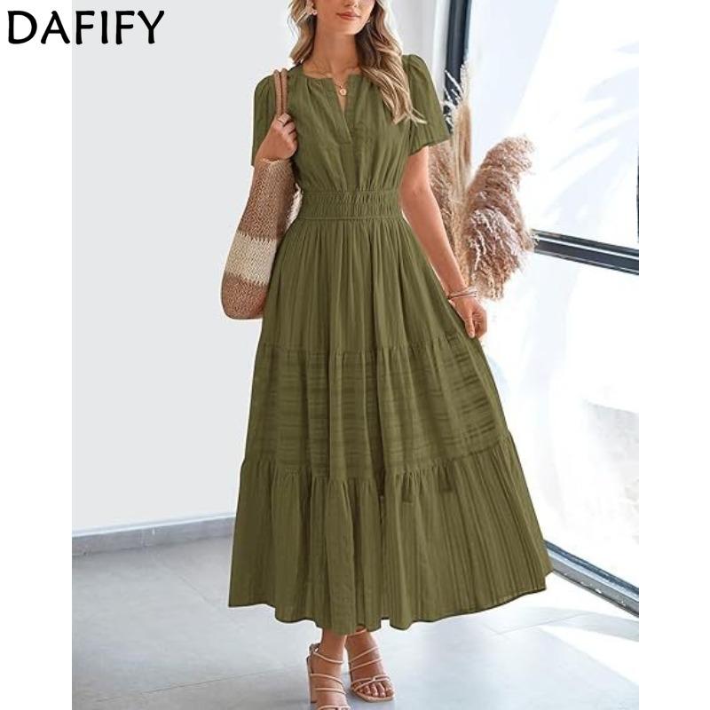 DAFIFY Women's Fashion Summer Spring Solid Color Print Short Sleeve O-Neck High Waist Casual Dresses