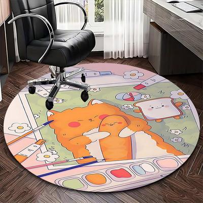 1pc Anime Design Round Carpet Cute Cat and Bread Friends Office Chair Mat, Non Slip Rug for Home Decor, All Seasons