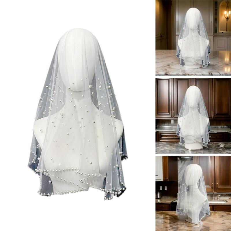 Wedding Veil Beaded Studded Pearls Encrusted Veil Bride Hair Accessoies Sheer