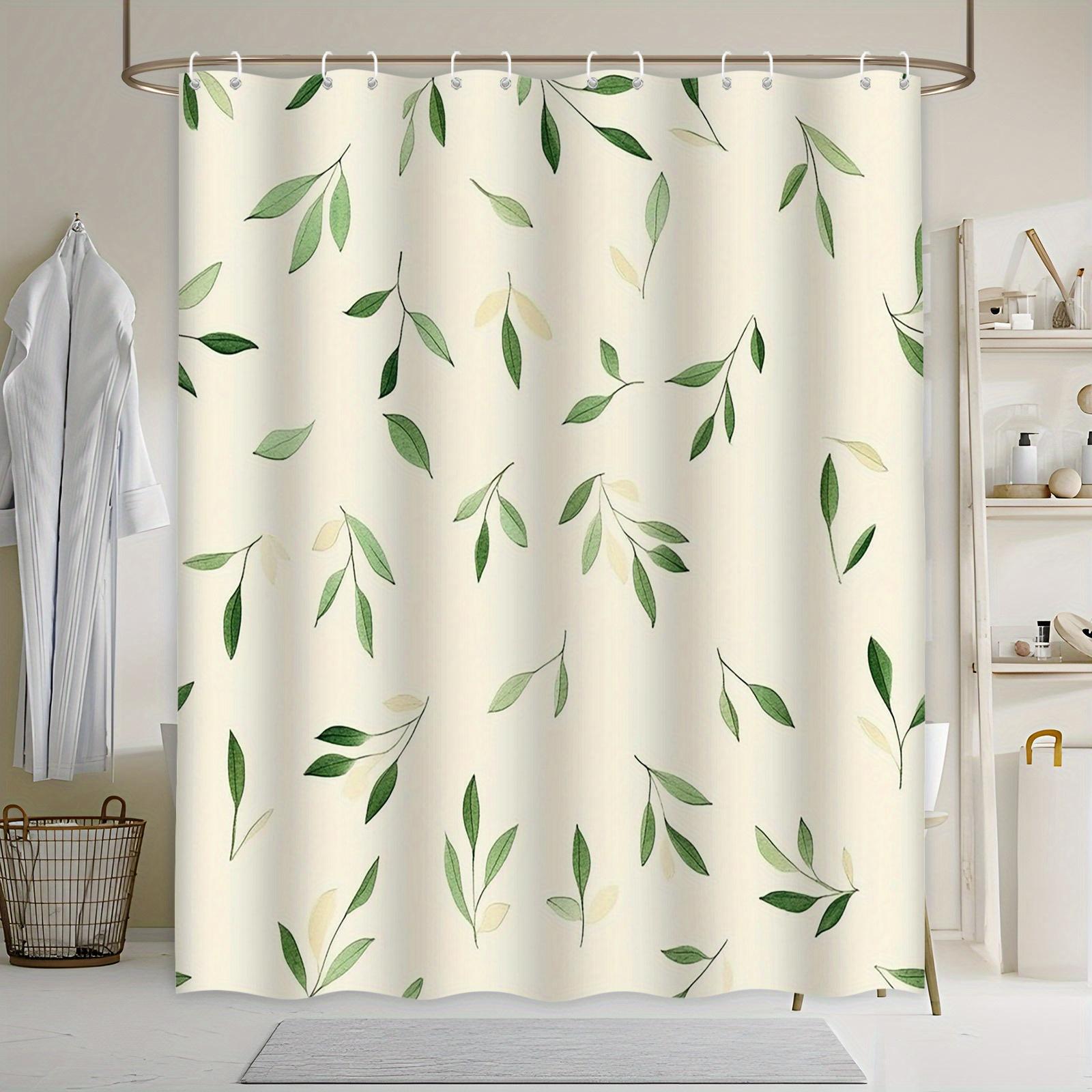 

Green Leaves Bath Curtain - Minimalist Serene Design, Realistic Stylized Leaves in Green & Beige, Polyester, Machine Washable W90xH180cm
