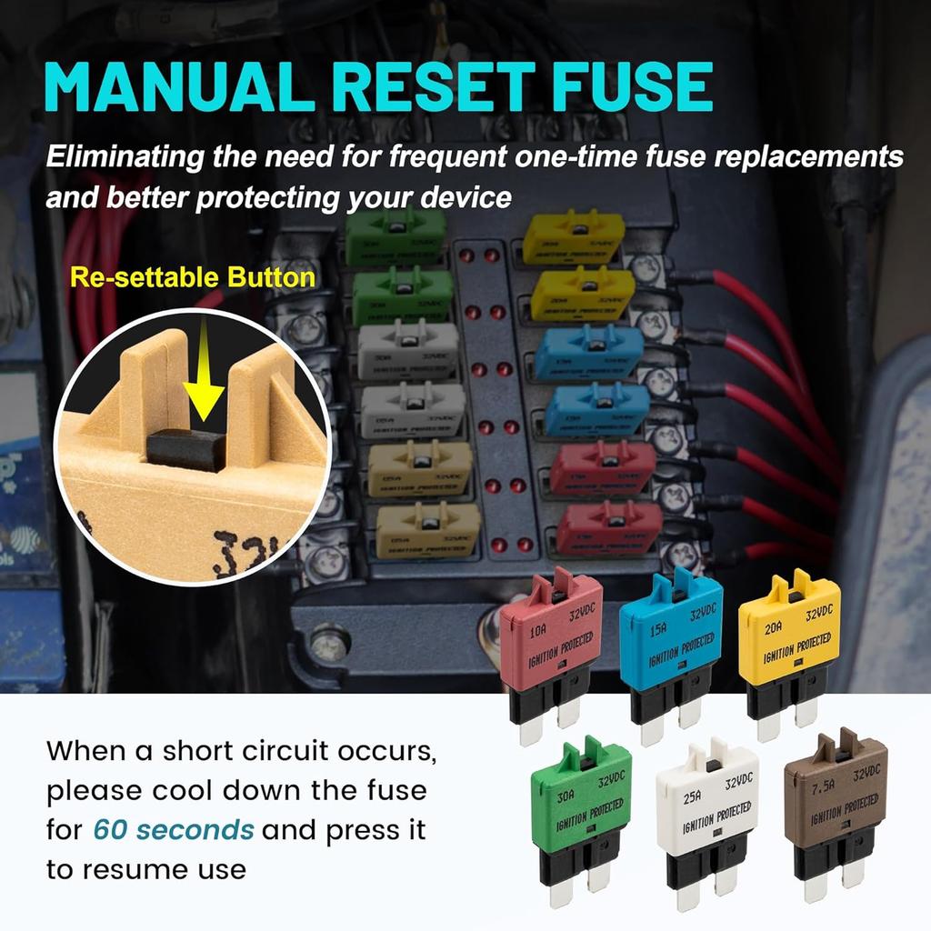 NuIth Manual Reset Mini Fuse Circuit Breakers 5A-30A, E39 Low Profile ATO/ATC Circuit Breaker Blade Fuse 12V-32V DC Resettable Standard Fuses for Car