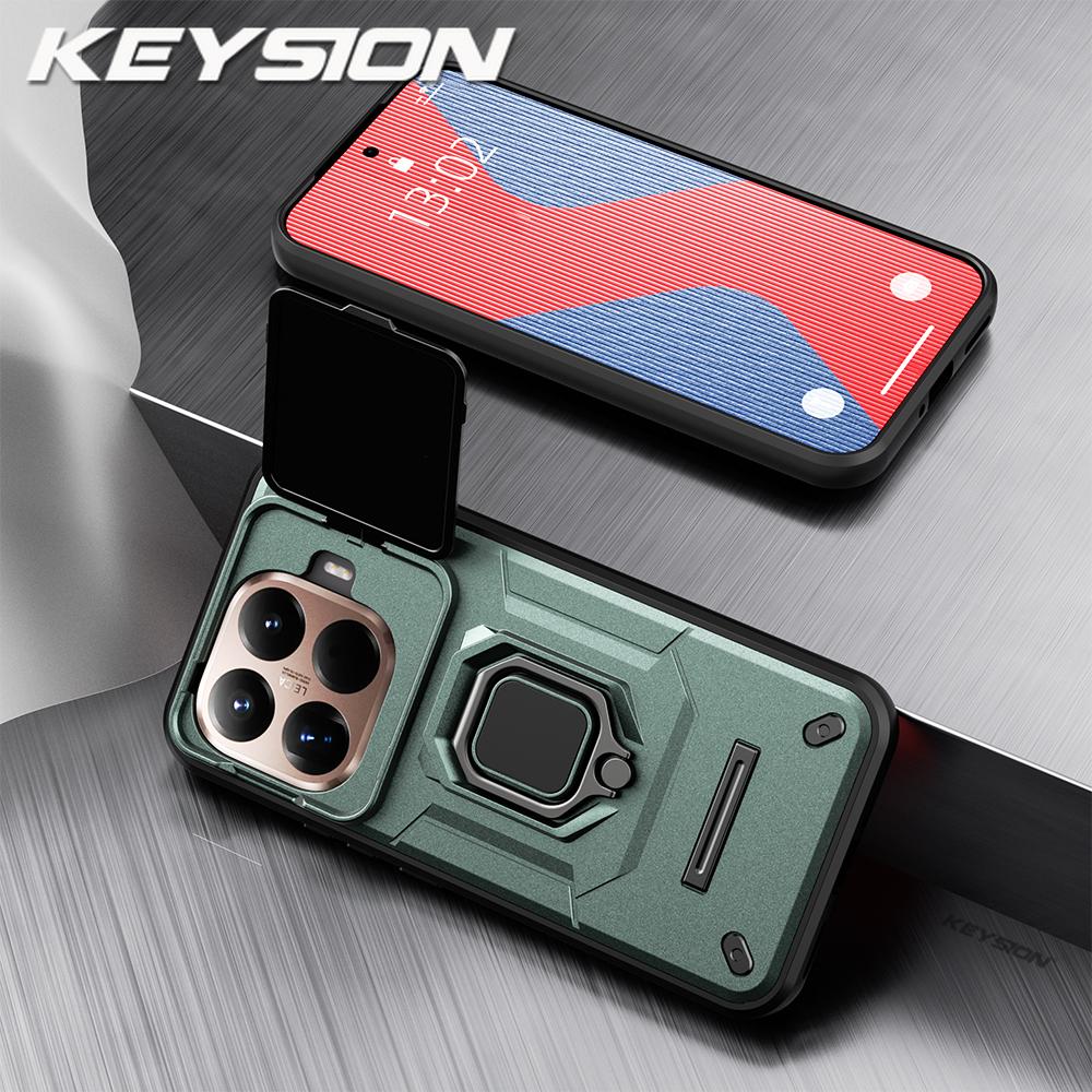 KEYSION Shockproof Armor Case for Xiaomi 15T Pro 5G Slide Camera Protection Metal Ring Stand Phone Back Cover for Xiaomi 15T 5G