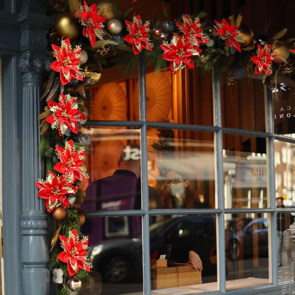 Flori Artificiale de Crăciun Aurii Roșii cu Sclipici Poinsettia cu Clipsuri Ornamente Pom de Crăciun DIY Coroană Nuntă Decorațiuni Anul Nou