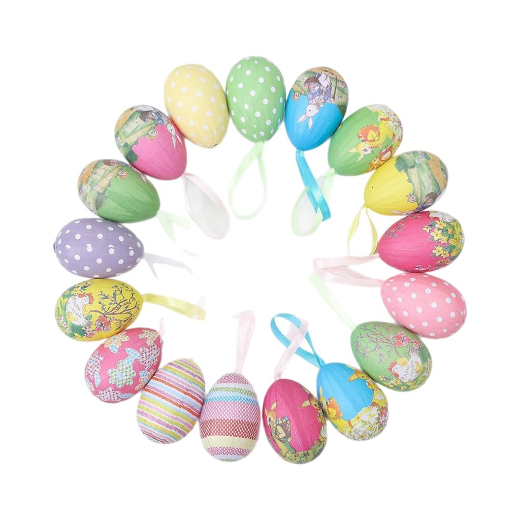 Decorative Hanging Easter Eggs Set with Printed Patterns and Ribbons for Holiday Party Home and Table Display Decor