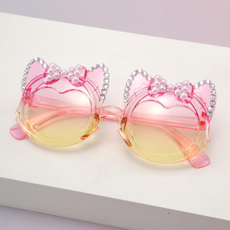 Cute Funny Cat Ear Bow Kids Sunglasses Pearl Rhinestone UV Protection Toddler Girl Gradient Lens Shades Birthday Gift KJ245