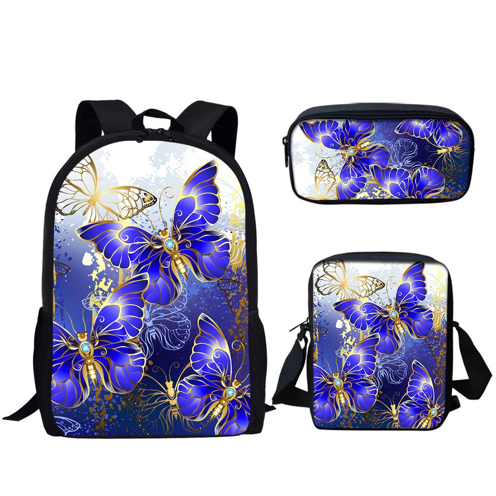 Hip Hop Youthful Purple Butterfly Moon 3D Print 3pcs/Set Student Travel bags Laptop Daypack Backpack Shoulder Bag Pencil Case